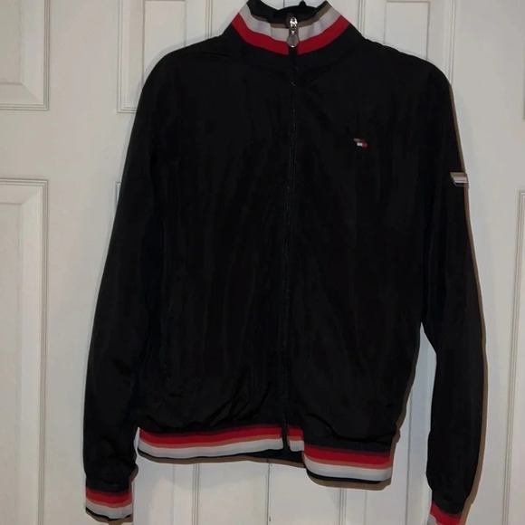 Tommy Hilfiger black logo high neck  zipper Pull bomber jacket Sz M - Picture 1 of 11